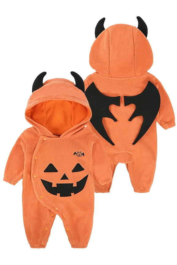 0-24M Newborn Toddler Baby Girl Boy Halloween Pumpkin Costumes with Bat Wings Fleece Hooded Romper Jumpsuit Outfit