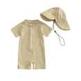 thumbnail image 1 of WIBACKER 0-3T Toddler Baby Boys Seersucker Short Sleeve One Piece Rash Guard Swimsuit Zipper Bathing Suit Swimwear with Hat, 1 of 9