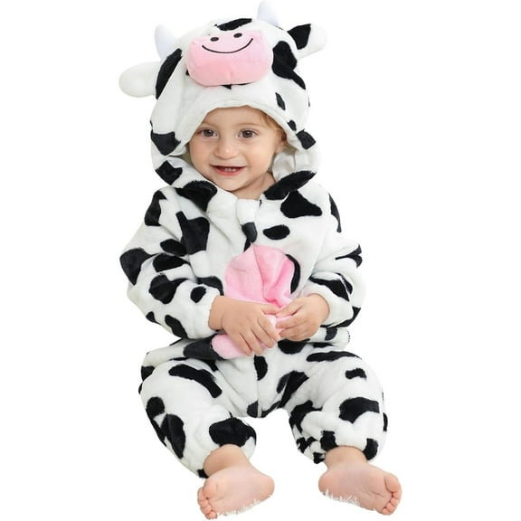 WIBACKER 0-3T Unisex Baby Animal Costume Winter Autumn Flannel Hooded Romper Christmas and Halloween Cow Cosplay Jumpsuit