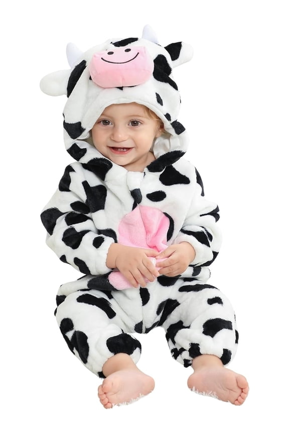 0-3T Unisex Baby Animal Costume Winter Autumn Flannel Hooded Romper Christmas and Halloween Cow Cosplay Jumpsuit