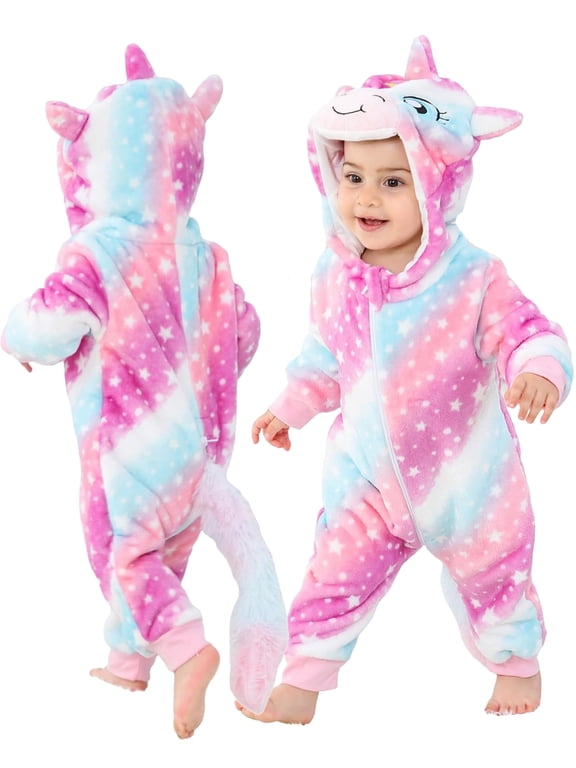 0-3T Unisex Baby Animal Costume Winter Autumn Flannel Hooded Romper Christmas and Halloween Unicorn Cosplay Jumpsuit