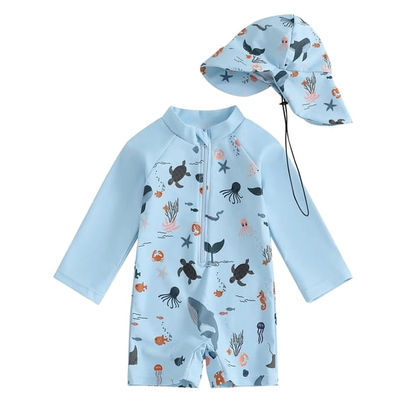 WIBACKER 0-5T Toddler Boy Rash Guard Swimsuit with Hat Kids Long Sleeve One Piece Zipper Swimwear Sunsuit Infant Beachwear