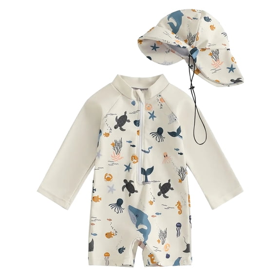 WIBACKER 0-5T Toddler Boy Rash Guard Swimsuit with Hat Kids Long Sleeve One Piece Zipper Swimwear Sunsuit Infant Beachwear