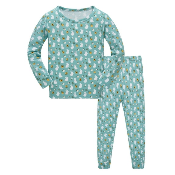 WIBACKER 1-10 Year Girls' 2-Piece Pajamas Set Long Sleeve Sleepwear Pjs 100% Cotton For Kids and Toddler Girls - Rabbit