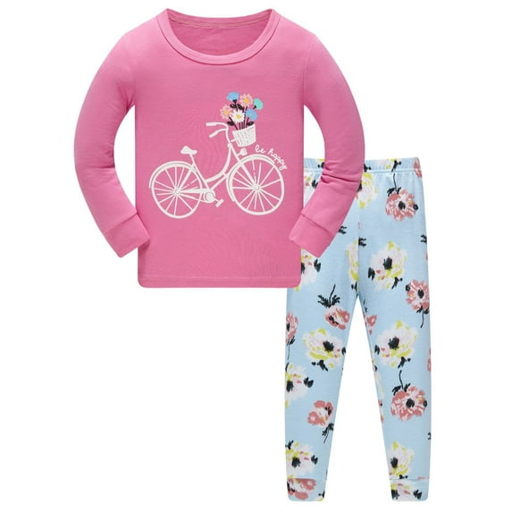 WIBACKER 1-10 Years Girls' Long Sleeve Top and Pants Snug Fit 100% Cotton 2 Piece Pajama Set Kids Sleepwear - Bike