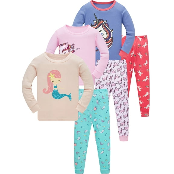 WIBACKER 1-10 Years Girls' Long Sleeve Top and Pants Snug Fit 100% Cotton 2 Piece Pajama Set Kids Sleepwear - Mermaid