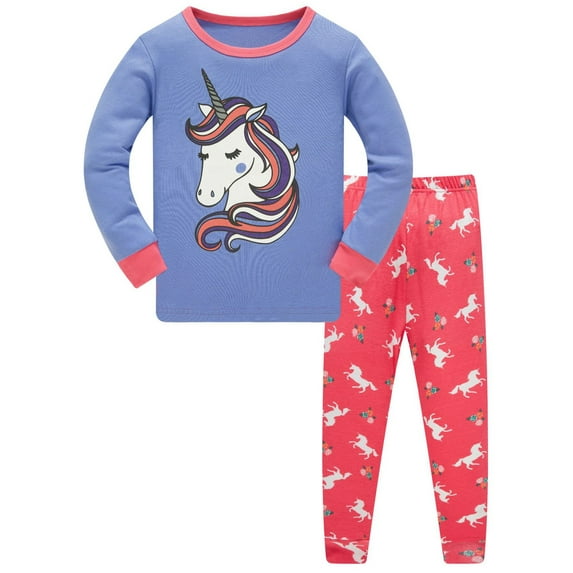 WIBACKER 1-10 Years Girls' Long Sleeve Top and Pants Snug Fit 100% Cotton 2 Piece Pajama Set Kids Sleepwear - Unicorn