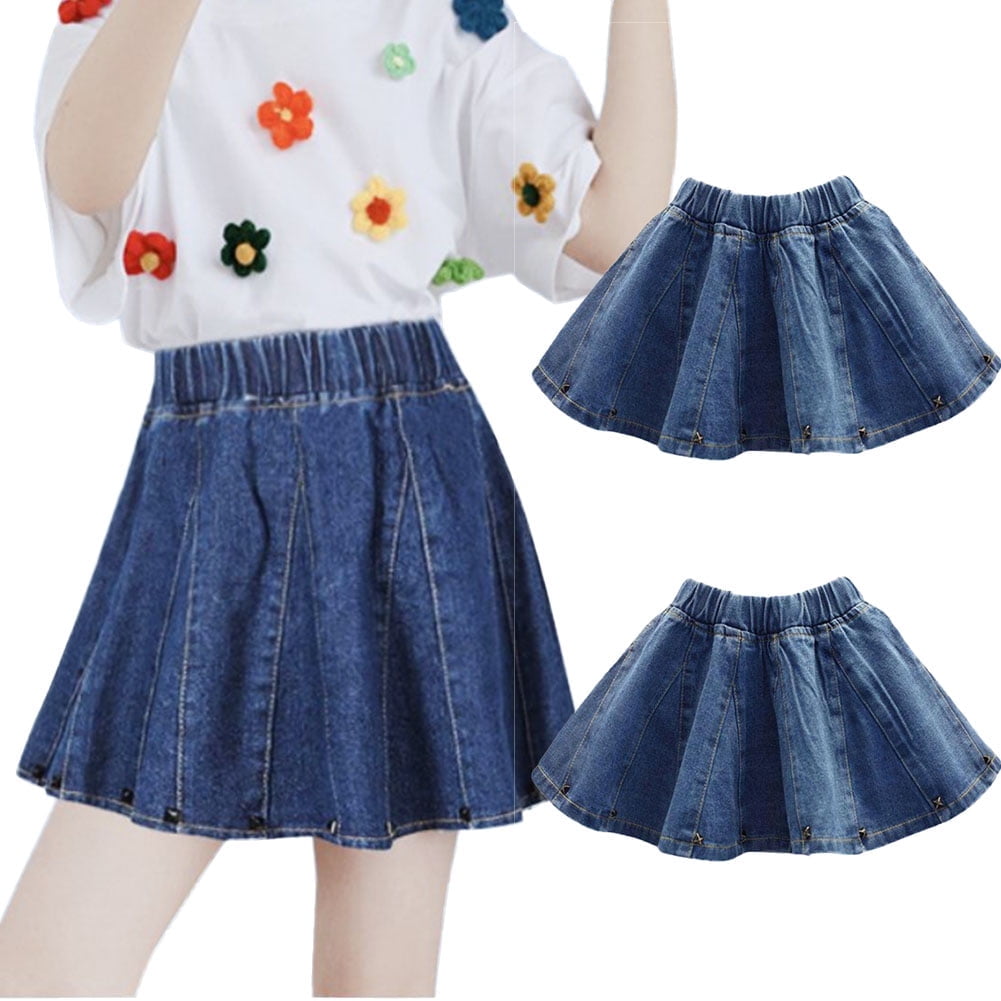 WIBACKER 110T Kids Girls Rivet Pleated Denim Skirts Jeans Skirt Mini
