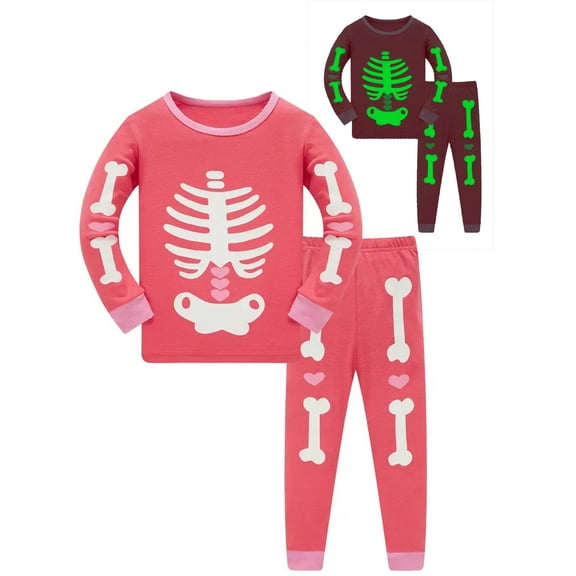 WIBACKER 1-10T Kids Girls Skeleton Pajamas Glow in the Dark 100% Cotton Sleepwear Toddler Girls Skull Halloween Costumes Pjs Sets