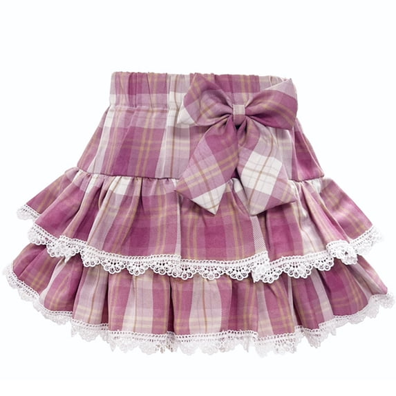 WIBACKER 1-12 Years Girls Plaid Ruffle Skirt with Lace Trim and Bow High Waist Toddler Kids Trendy Pleated Skirt