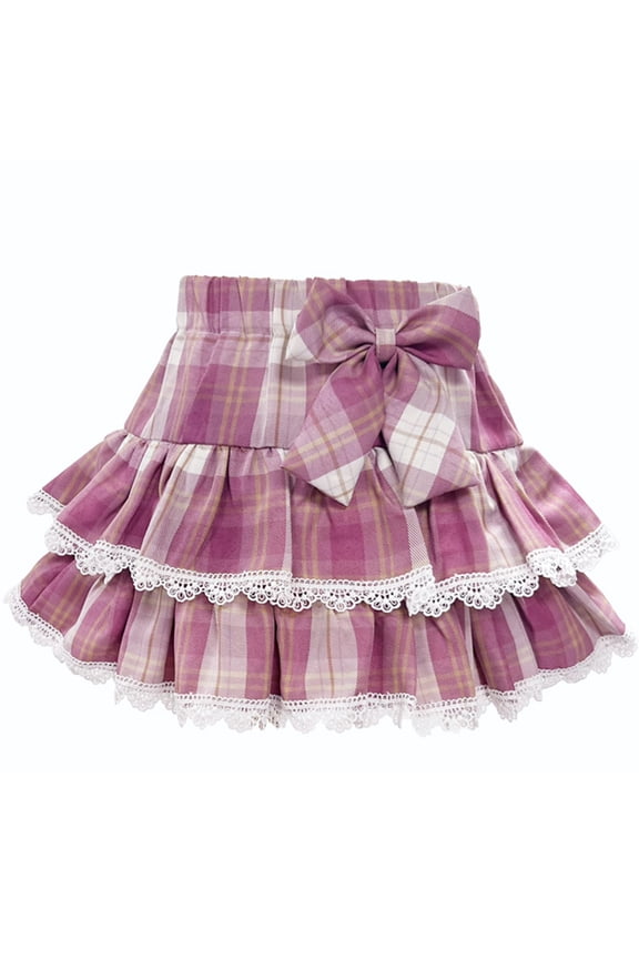 1-12 Years Girls Plaid Ruffle Skirt with Lace Trim and Bow High Waist Toddler Kids Trendy Pleated Skirt