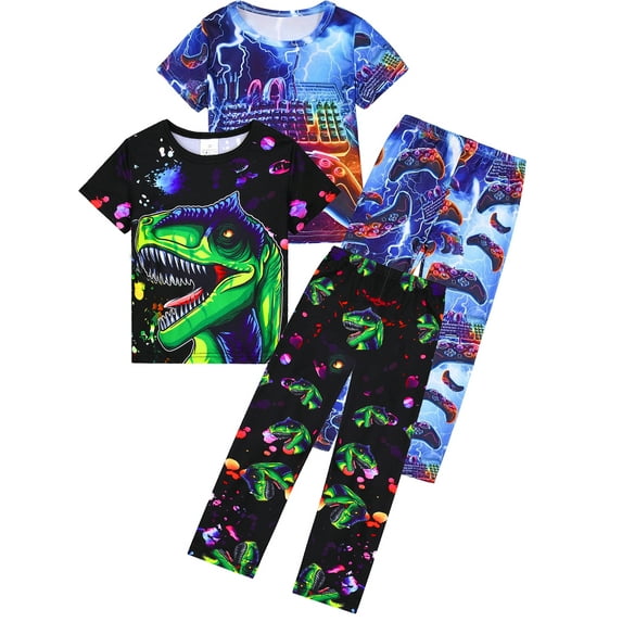 WIBACKER 1-12Y Kids Boys Pajamas Set Little Boy Short Sleeve Tops and Pants 2 Piece Pjs Boys Sleepwear Dinosaur Jammies