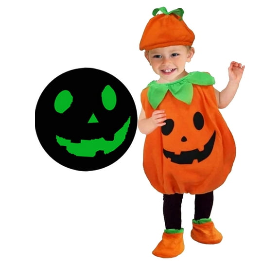 WIBACKER 1-12Y Toddler Baby Boy Girls Glow In The Dark Halloween Pumpkin Costumes Kids Jumpsuit Hat Cospaly Party Outfits