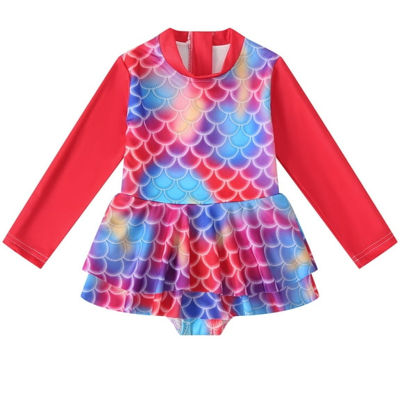 WIBACKER 1-6T Girls One Piece Swimsuits Zipper Rash Guard Long Sleeve Bathing Suit with Ruffle Hem UPF 50
