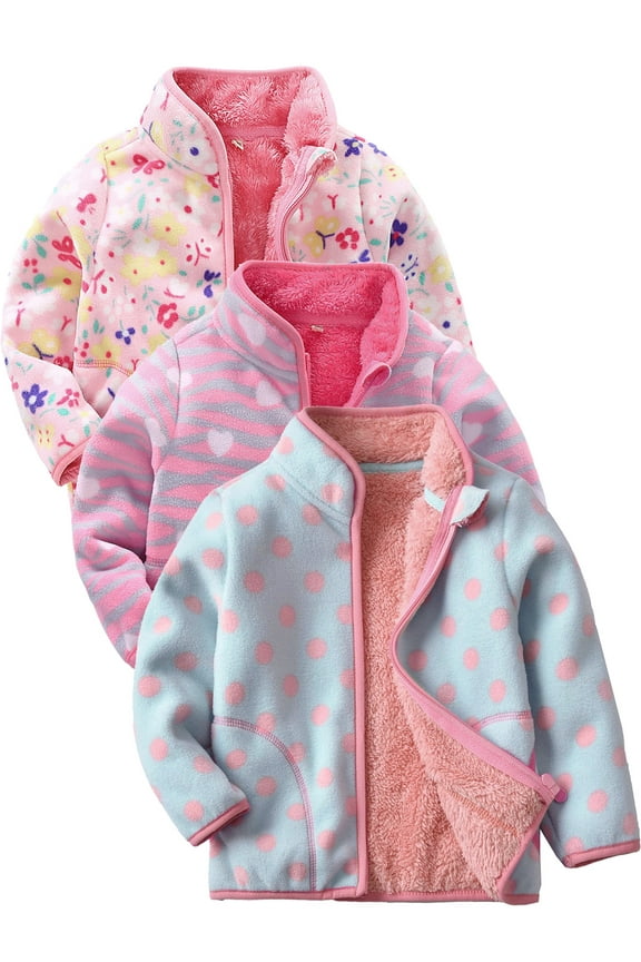 1-6T Toddler Girls Polar Fleece Warm Jacket Baby Girls Spring Fall Zip-up Lightweight Long Sleeve Coat for Kids - 1 Piece Blue Dots