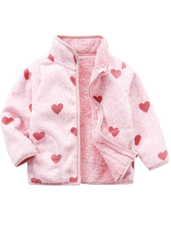 1-6T Toddler Girls Polar Fleece Warm Jacket Baby Girls Spring Fall Zip-up Lightweight Long Sleeve Coat for Kids - Pink Love Heart