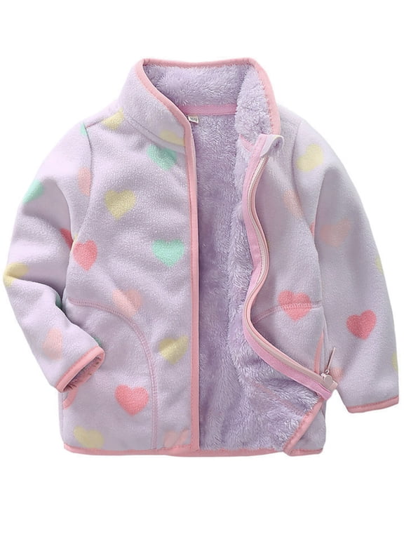 1-6T Toddler Girls Polar Fleece Warm Jacket Baby Girls Spring Fall Zip-up Lightweight Long Sleeve Coat for Kids - Purple Love Heart
