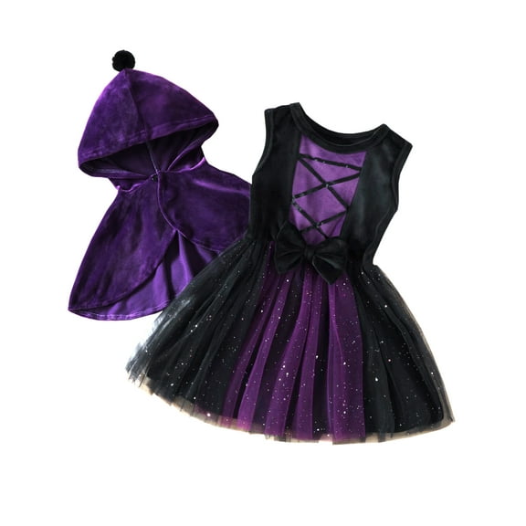 WIBACKER 1-6T Toddler Girls Witch Costume Kids Halloween Party Cosplay Ball Gown Tulle Dress with Plush Hooded Cape Shawl Set