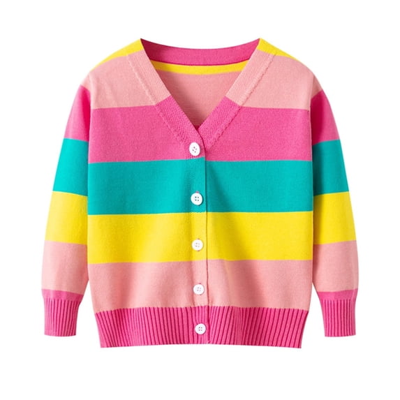 WIBACKER 1-6T Toddler Kids Baby Girls V Neck Rainbow Stripe Cardigan Casual Sweater Knit Coat
