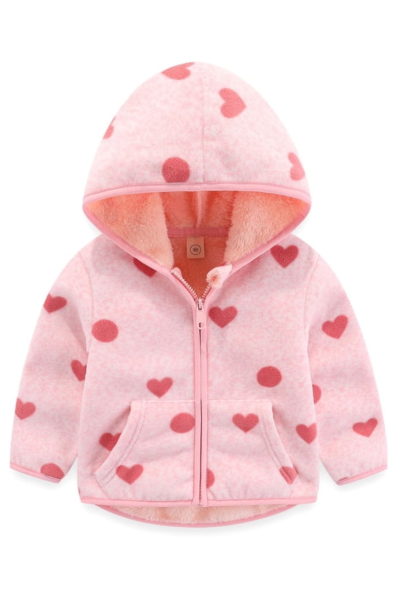 1-6Y Toddler Girl Polar Fleece Jacket Baby Girls Fall Winter Hooded Coat Long Sleeve Warm Outerwear - Pink Love Heart