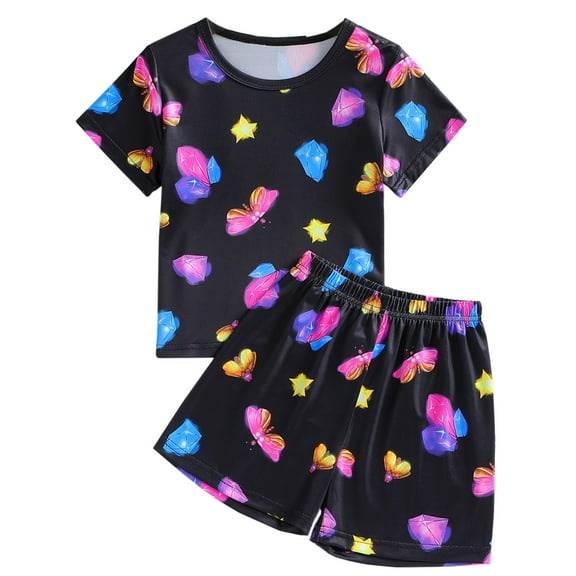 WIBACKER 1-8T Kids Girls Summer Short Pajama Set Toddler Butterfly Sleepwear Milk Silk Pjs for Daily and Cosplay Costumes