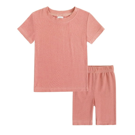 WIBACKER 1-8Y Ribbed Cotton Pajamas for Little Girls 2 Piece Short Sleeve Sleepwear Set
