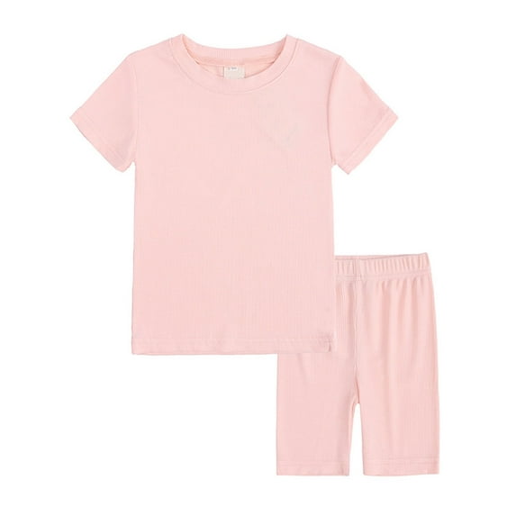 WIBACKER 1-8Y Ribbed Cotton Pajamas for Little Girls 2 Piece Short Sleeve Sleepwear Set