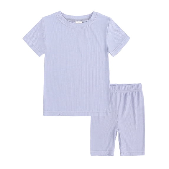 WIBACKER 1-8Y Ribbed Cotton Pajamas for Little Girls 2 Piece Short Sleeve Sleepwear Set