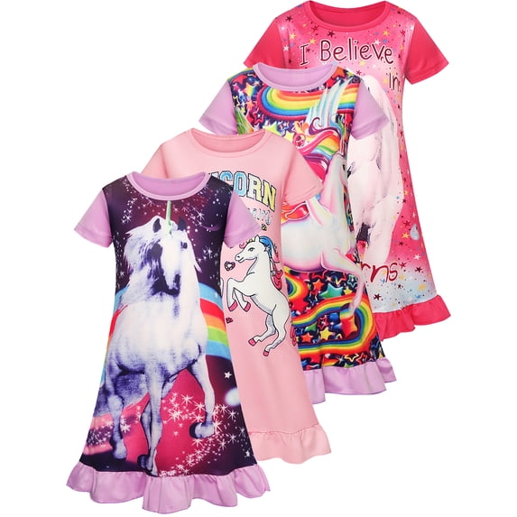 WIBACKER 1-Piece Girls Short Sleeve Unicorn Nightgown Casual Dress Sleepwear 3-10 Years Pajamas Nightie for Little Girls