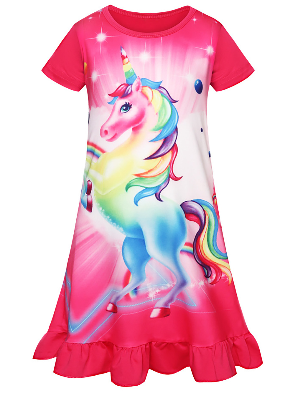 Toddler Girls Unicorn Dress - 100% Cotton, Short Sleeve, Flower Rainbow Print, For Ages 2-7 Years, Casual & Party Wear