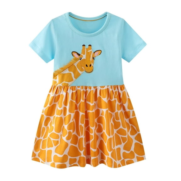 WIBACKER 1-Piece Summer Little Girl's Casual Short Sleeve Cartoon Appliques Striped Jersey Dresses 7T