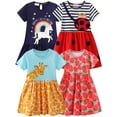 thumbnail image 1 of WIBACKER 1-Piece Summer Little Girl's Casual Short Sleeve Cartoon Appliques Striped Jersey Dresses 5T, 1 of 8