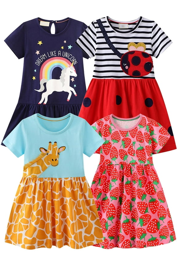 1-Piece Summer Little Girl's Casual Short Sleeve Cartoon Appliques Striped Jersey Dresses 5T