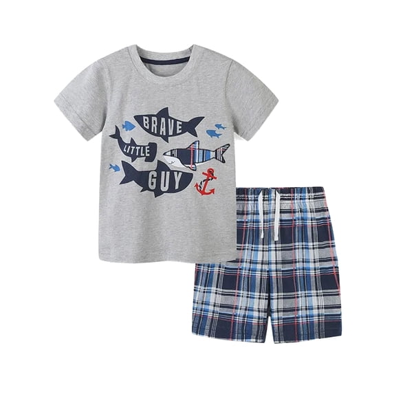 WIBACKER 100% Cotton 2-Piece Summer Pajamas for Kids Boys Sleepwear Top and Plaid Shorts Toddler Boy Fish Pjs Set 2-7T