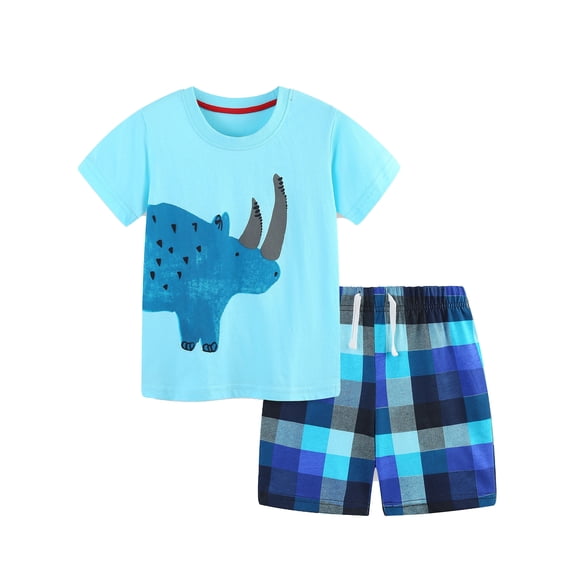 WIBACKER 100% Cotton 2-Piece Summer Pajamas for Kids Boys Sleepwear Top and Plaid Shorts Toddler Boy Rhinoceros Pjs Set 2-7T