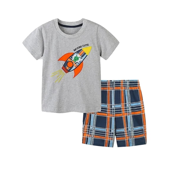 WIBACKER 100% Cotton 2-Piece Summer Pajamas for Kids Boys Sleepwear Top and Plaid Shorts Toddler Boy Rocket Pjs Set 2-7T