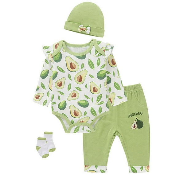 WIBACKER 100% Cotton 4-Piece Newborn Girls Avocado Outfits Infant Bodysuit Tops, Hat, Socks and Pants Baby Layette Gift Set