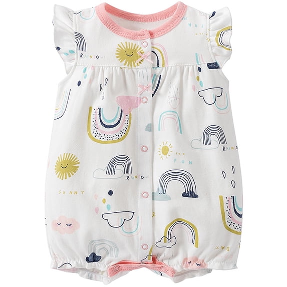 WIBACKER 100% Cotton Infant Baby Girl Snap-up Rompers, 0-24M,Ruffle Sleeve Toddler Summer Rainbow Jumpsuit