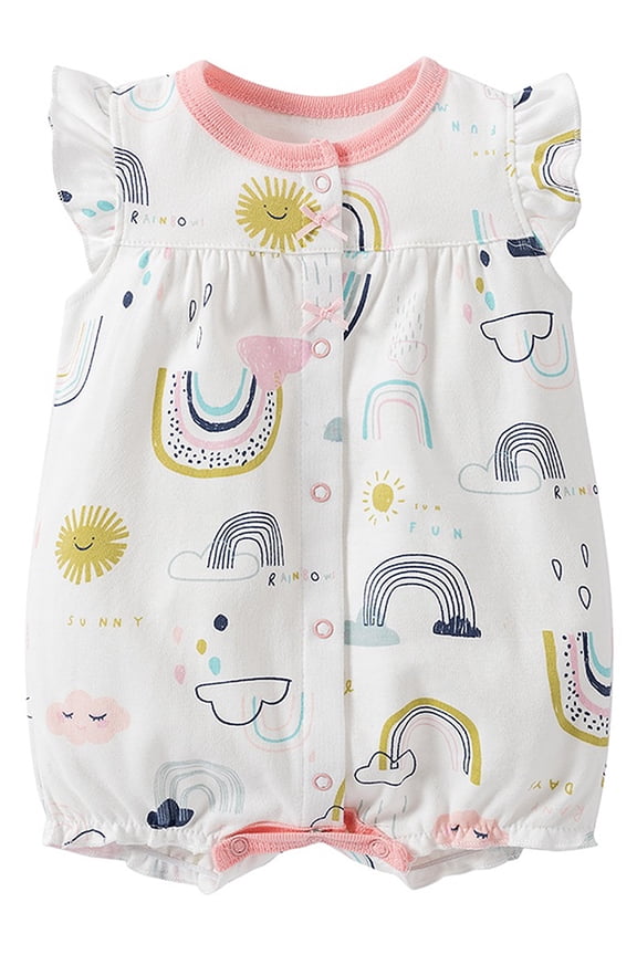 100% Cotton Infant Baby Girl Snap-up Rompers, 0-24M,Ruffle Sleeve Toddler Summer Rainbow Jumpsuit