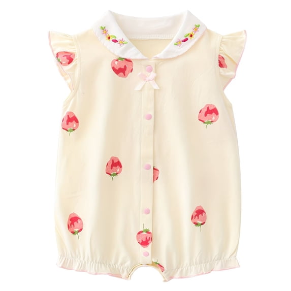 WIBACKER 100% Cotton Newborn Baby Girl Snap-up Rompers, 0-18M,Ruffle Sleeve Infant Summer Strawberry Jumpsuit