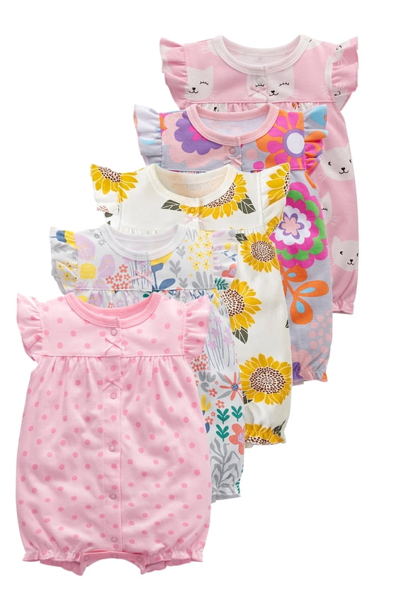 100% Cotton Newborn Baby Girl Snap-up Rompers, 0-24M,Ruffle Sleeve Infant Summer 1PCS Polka Dot Jumpsuit