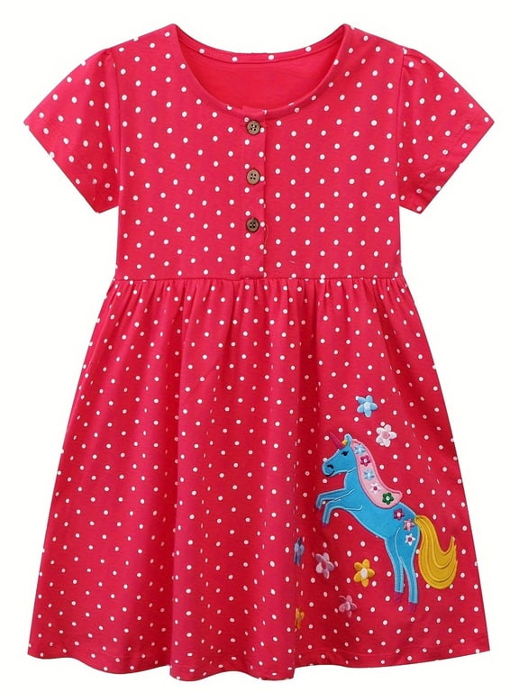 100% Cotton Toddler Girls Summer Dress Button Decor Polka Dot Print Appliques Dresses for Kids - Unicorn