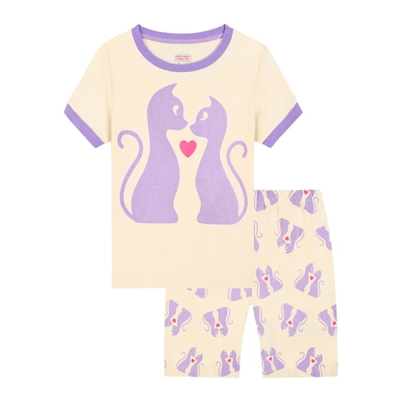 WIBACKER 100% Viscose Girls Pajama Set 2 Piece Kids Summer Sleepwear Little Girls Short Sleeve Top and Shorts Pjs for 3-10 Years,Cat