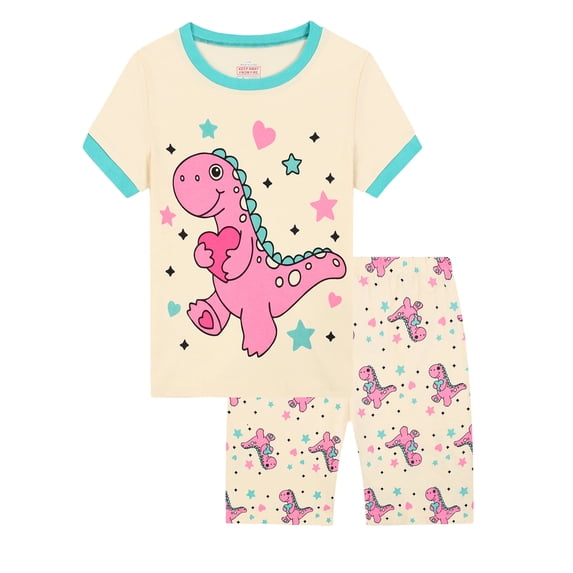 WIBACKER 100% Viscose Girls Pajama Set 2 Piece Kids Summer Sleepwear Little Girls Short Sleeve Top and Shorts Pjs for 3-10 Years,Dinosaur