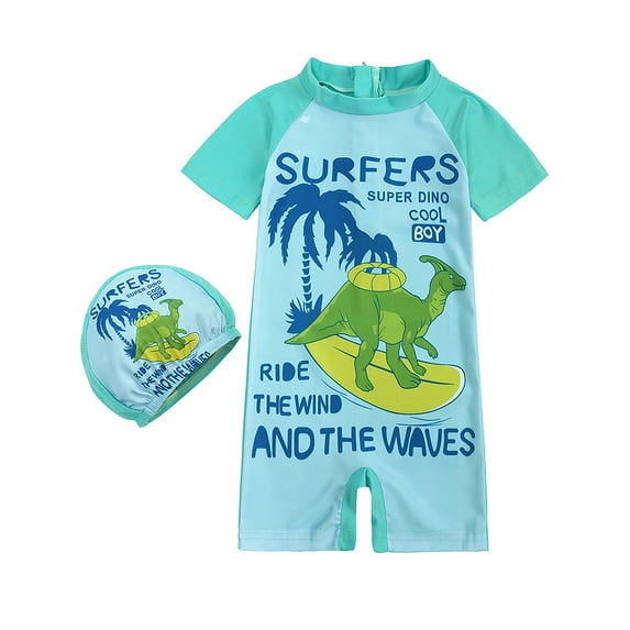 WIBACKER 12M-8Y Boys' Sunsuit - Dinosaur Bodysuit Swimsuit with Hat Kids Swimwear UPF 50+