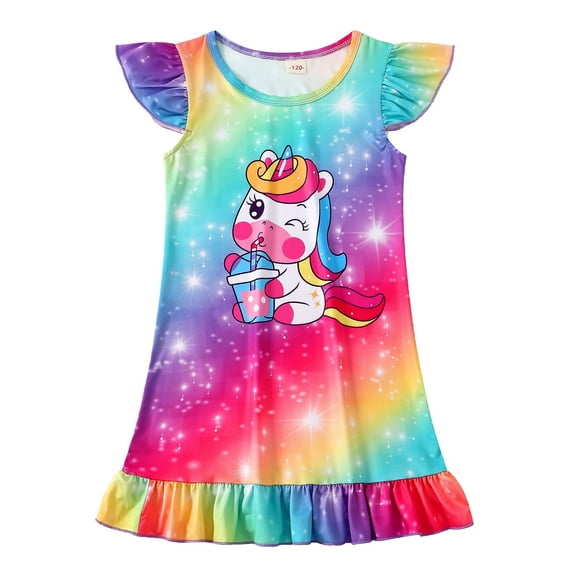 WIBACKER 1Pcs Girls Unicorn Nightgowns 3-10 Years Flutter Short Sleeves Nightdress Nightie Dress Sleepwear Pajamas for Little Girls