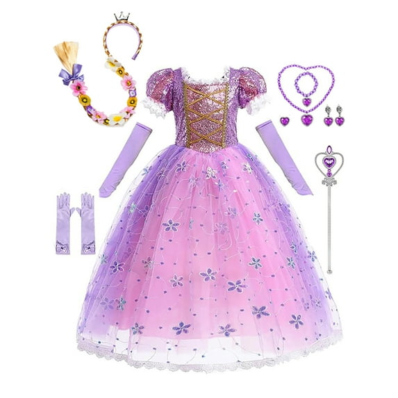WIBACKER 2-10Y Girls Princess Dress Up With Gloves Necklace And Ring For Birthday Party Halloween Christmas Costume Performance Dress Jewelry Wig Set