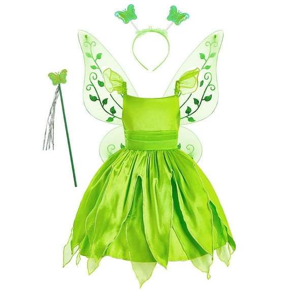 WIBACKER 2-10Y Green Fairy Princess Dresses for Girls Christmas Halloween Costume Cosplay Dress Up with Wing & Accessories