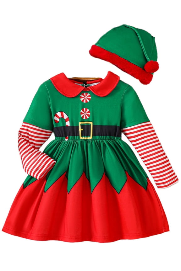 2-6Y Toddler Baby Girls Christmas Elf Dress Kids Girls Long Sleeve Xmas Holiday Party Dress Up Clothes with Hat