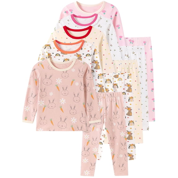 WIBACKER 2-7 Years Toddler and Little Girls' Long Sleeve Pajamas Set Cotton Top and Pants 2 Piece Sleepwear Pjs - Carrot Rabbit